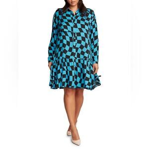 11 HONORE Blue and Black Checkered Shirt Dress
